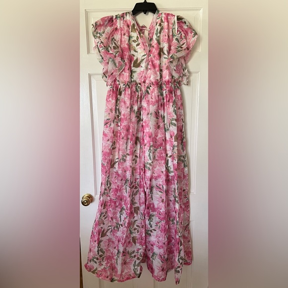 vestique Pink Floral Maxi Dress with Green Leaf Print - Picture 3 of 5